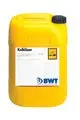 Gelber Kanister mit schwarzem Deckel, beschriftet mit Produktinformationen, das BWT-Logo und Symbol für Chemikalien. Verwendung als Kalklöser.
